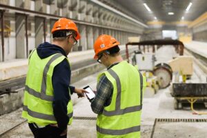 two men in yellow vests and hard hats looking at data on a phone