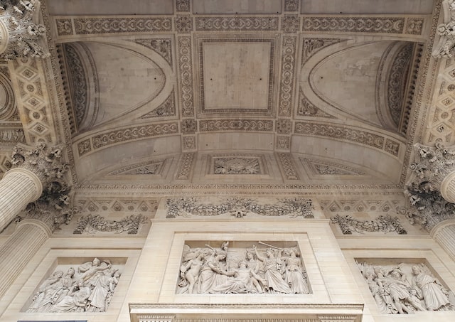 the detail of the ceiling under the external colonnade of the Pantheon, Paris.
